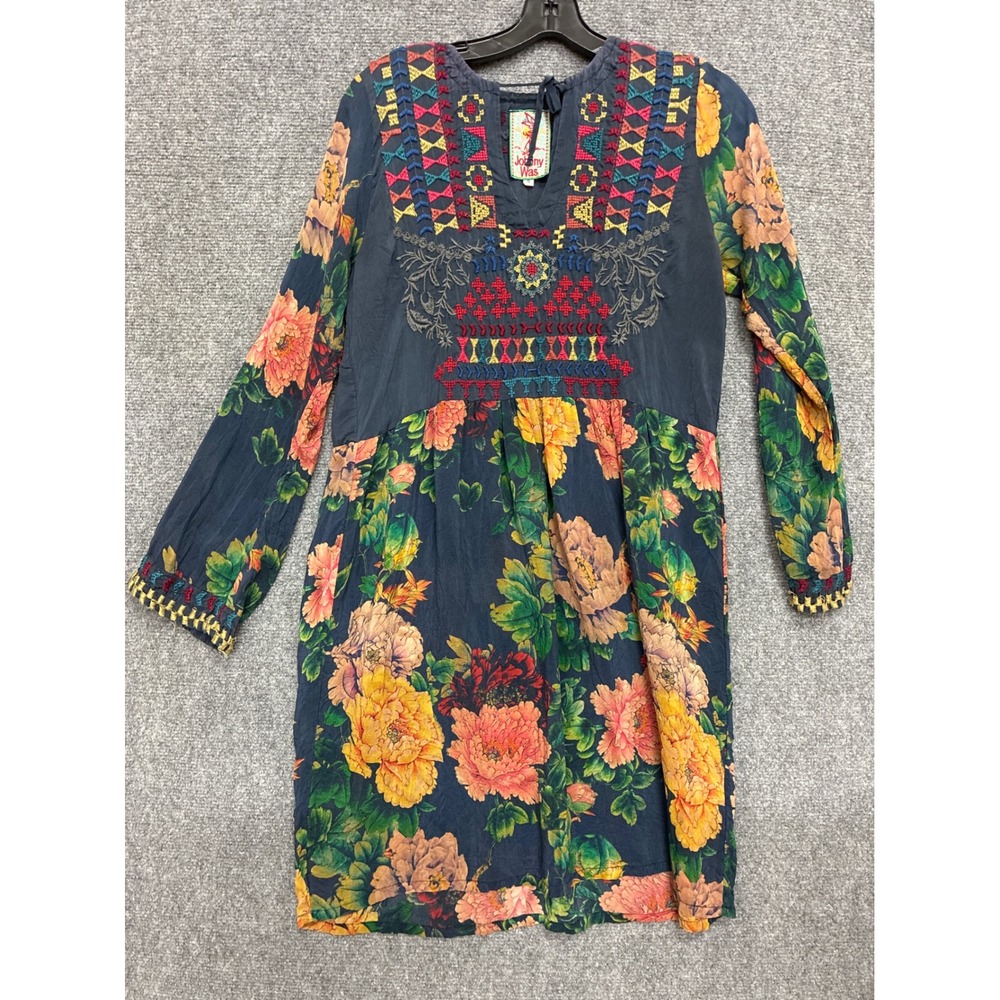 Johnny Was Embroidered Floral Silk Feel Tunic Dress Navy Blue Small